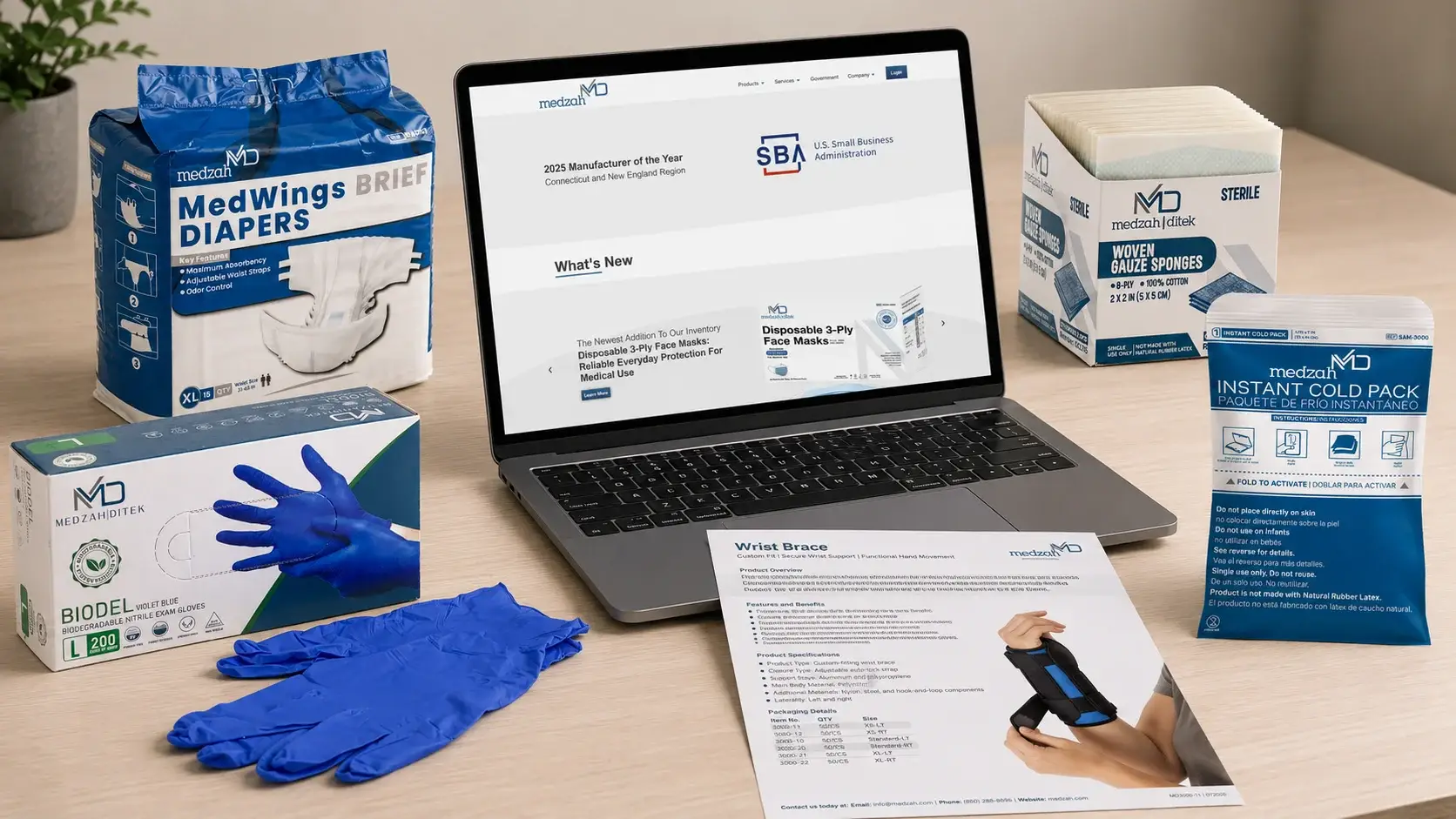 Medzah Industries brand system by zohlink — logo, packaging and website shown on a laptop