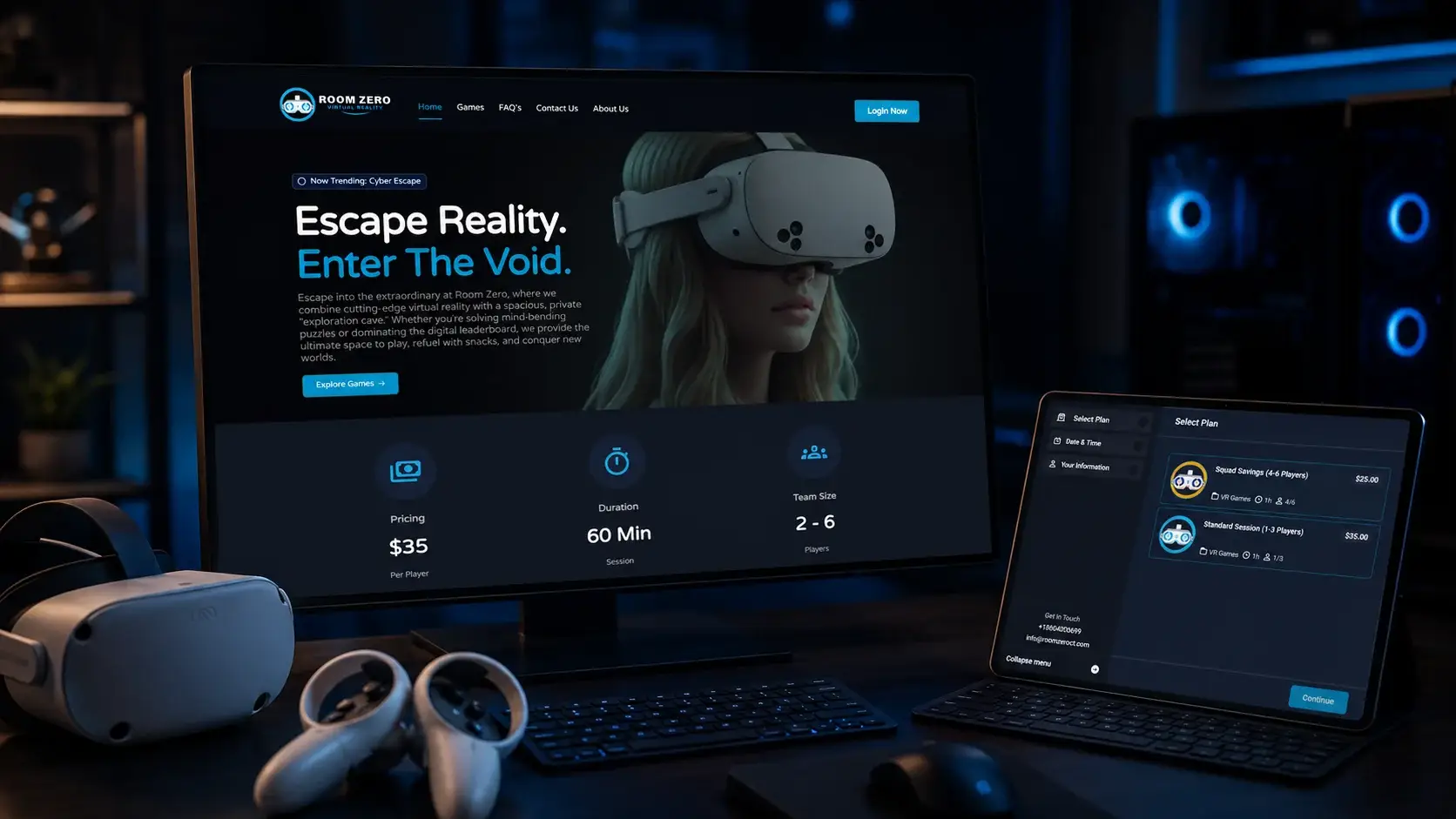 RoomZero VR arena website by zohlink with booking and session plans